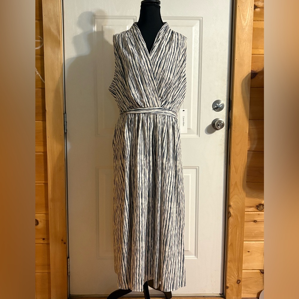 Calvin Klein Striped Sleeveless Top Wrap Maxi White, Navy & Pale Pink Sz 16 NWT